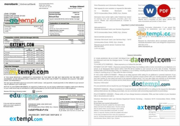 Ukraine Monobank bank mortgage statement in Word and PDF formats