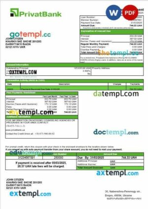 Ukraine Privatbank bank mortgage statement in Word and PDF formats