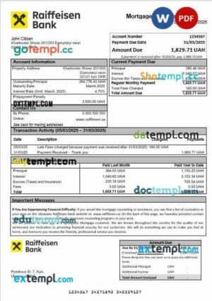 Ukraine Raiffeisen Bank mortgage statement in Word and PDF formats