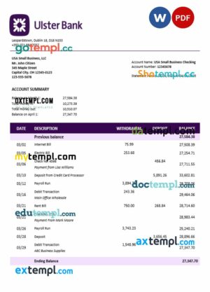 Ulster organization checking account statement Word and PDF format