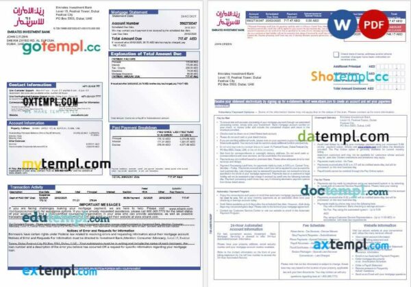 United Arab Emirates Investment Bank mortgage statement in Word and PDF formats, 3 pages