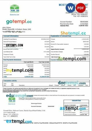 United Arab Emirates MCB bank mortgage statement in Word and PDF formats