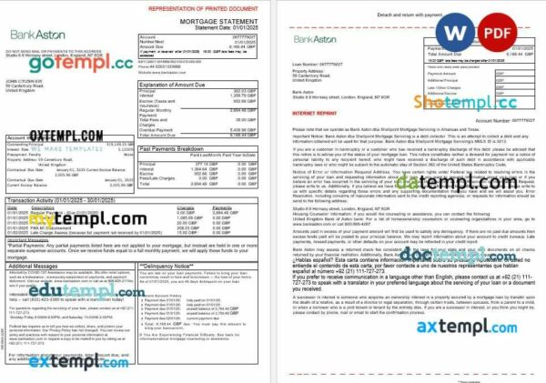 United Kingdom Bank of Aston bank mortgage statement in Word and PDF formats, 3 pages