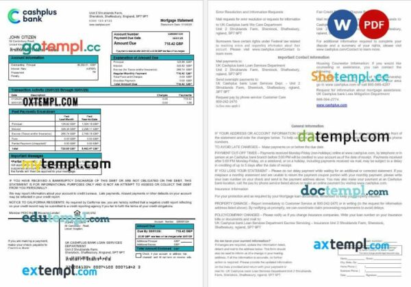 United Kingdom Cashplus bank mortgage statement in Word and PDF formats