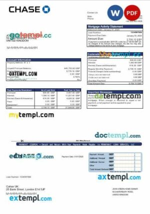United Kingdom Chase bank mortgage statement in Word and PDF formats