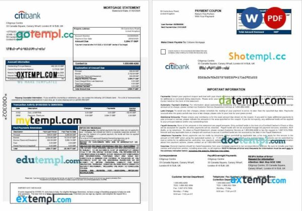 United Kingdom Citibank bank mortgage statement in Word and PDF formats