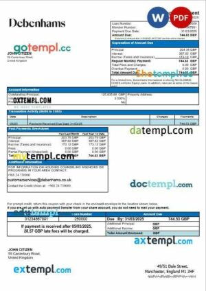 United Kingdom Debenhams mortgage statement in Word and PDF formats