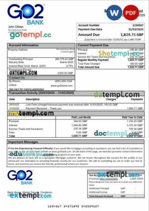 United Kingdom GO2 bank mortgage statement in Word and PDF formats