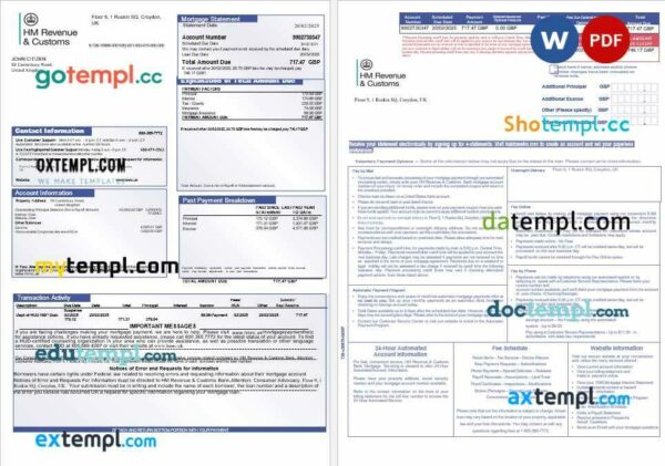 United Kingdom HM Revenue & Customs bank mortgage statement in Word and PDF formats, 3 pages
