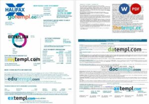 United Kingdom Halifax bank mortgage loan statement in Word and PDF formats, 4 pages