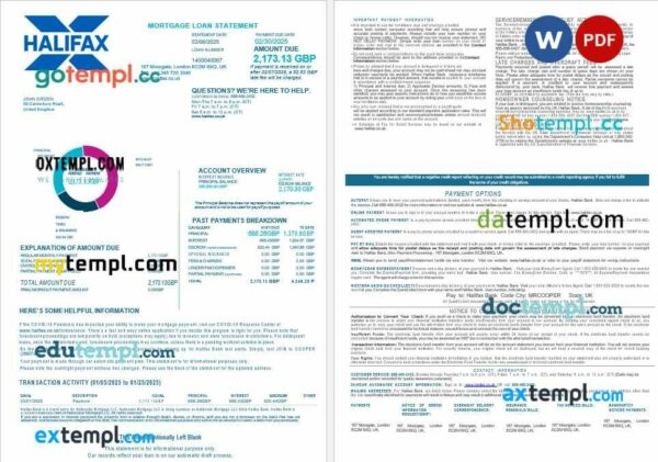 United Kingdom Halifax bank mortgage loan statement in Word and PDF formats, 4 pages