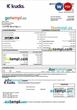 United Kingdom Kuda bank mortgage statement in Word and PDF formats