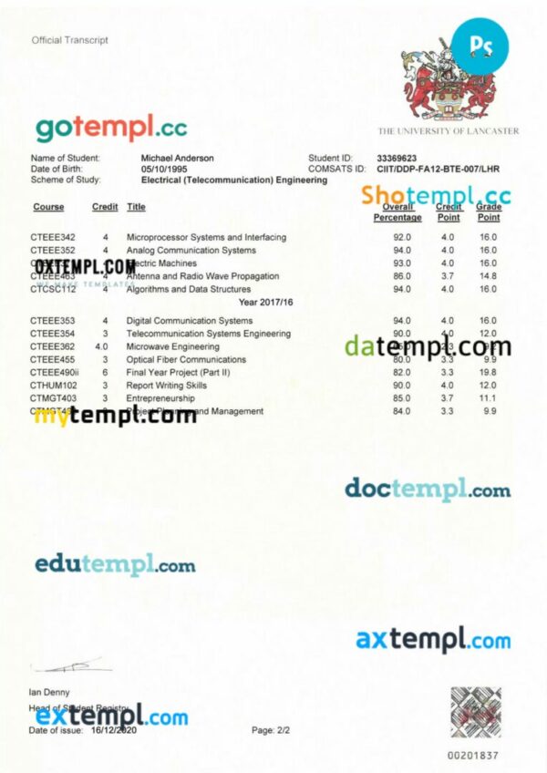 United Kingdom Lancaster university transcript in PSD format, 4 pages - Image 3