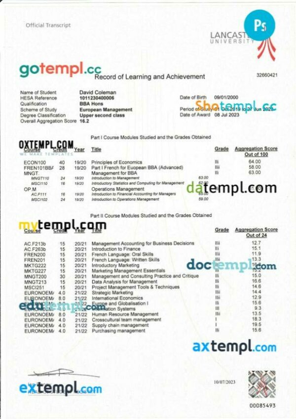 United Kingdom Lancaster university transcript in PSD format, 11 pages - Image 3