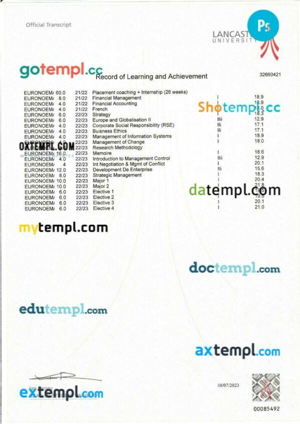 United Kingdom Lancaster university transcript in PSD format, 11 pages - Image 4