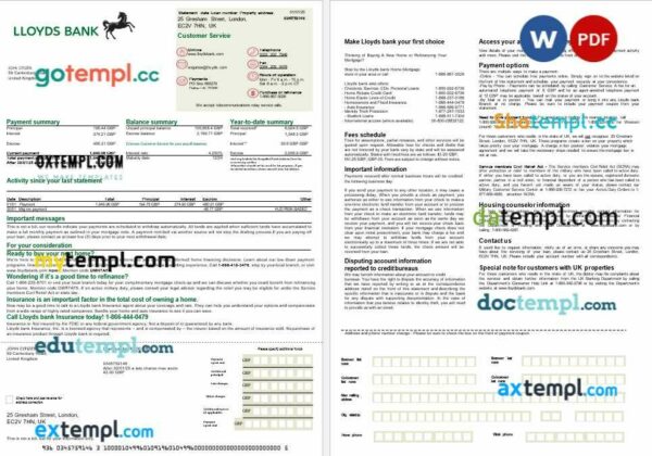 United Kingdom Lloyds bank mortgage statement in Word and PDF formats, 2 pages