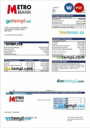 United Kingdom Metro bank mortgage statement in Word and PDF formats