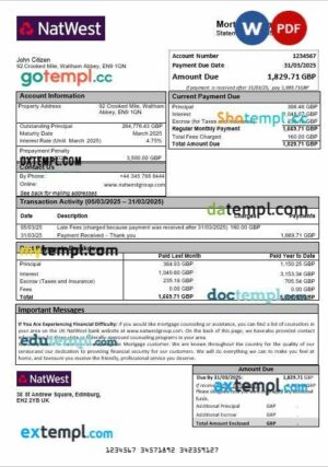 United Kingdom NatWest bank mortgage statement in Word and PDF formats