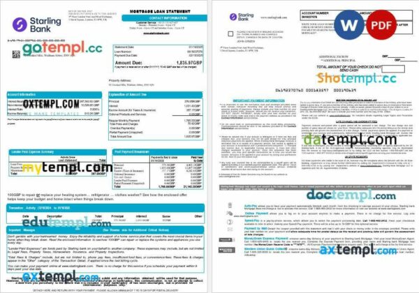 United Kingdom Starling bank mortgage loan statement in Word and PDF formats, 8 pages