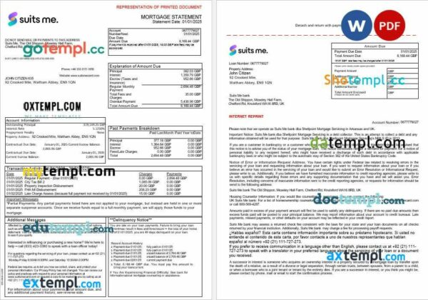 United Kingdom Suits Me bank mortgage statement in Word and PDF formats, 3 pages