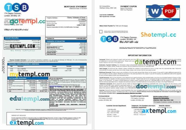 United Kingdom TSB bank mortgage statement in Word and PDF formats