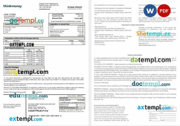 United Kingdom Think Money bank mortgage statement in Word and PDF formats