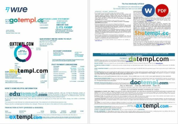 United Kingdom Wise bank mortgage loan statement in Word and PDF formats, 4 pages
