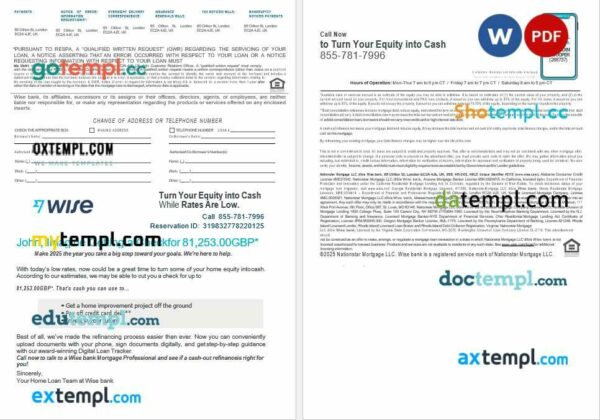 United Kingdom Wise bank mortgage loan statement in Word and PDF formats, 4 pages - Image 2