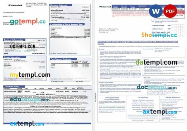 United Kingdom Yorkshire Bank mortgage statement in Word and PDF formats, 3 pages