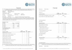 University of Bath transcript Word and PDF template, 3 pages