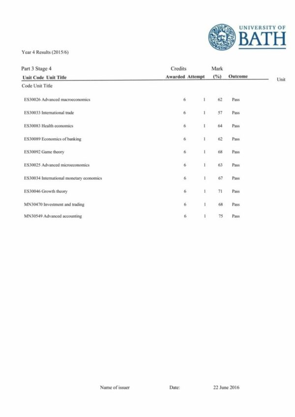 University of Bath transcript Word and PDF template, 3 pages - Image 2