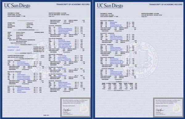 University of California San Diego transcript of academic record Word and PDF template, 2 pages