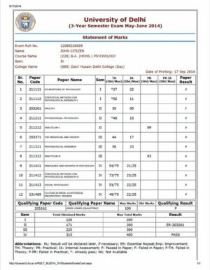 University of Delhi statement of marks Word and PDF template