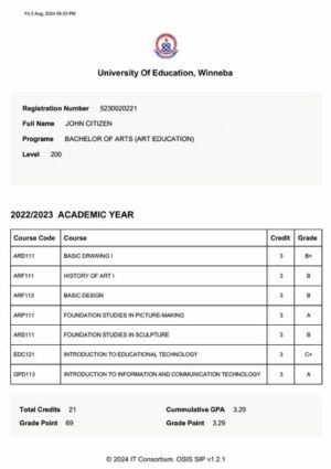 University of Education, Winneba transcript Word and PDF template