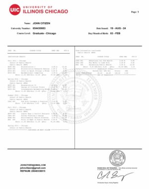 University of Illinois Chicago academic transcript Word and PDF template