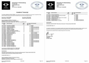 University of Johannesburg academic transcript Word and PDF template, 2 pages