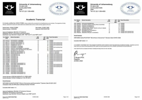 University of Johannesburg academic transcript Word and PDF template, 2 pages