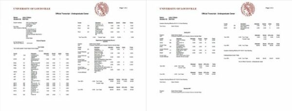 University of Louisville official transcript Word and PDF template, 2 pages