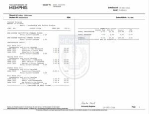 University of Memphis official academic transcript Word and PDF template, 2 pages