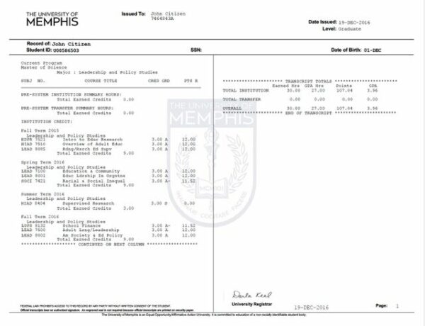 University of Memphis official academic transcript Word and PDF template, 2 pages