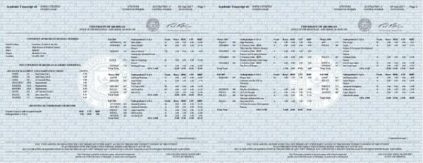 University of Michigan transcript Word and PDF template, 2 pages