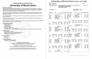 University of Mount Union official academic record Word and PDF template, 2 pages