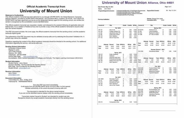 University of Mount Union official academic record Word and PDF template, 2 pages