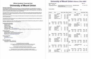 University of Mount Union official academic trasncript Word and PDF template, 2 pages