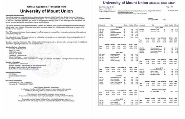 University of Mount Union official academic trasncript Word and PDF template, 2 pages