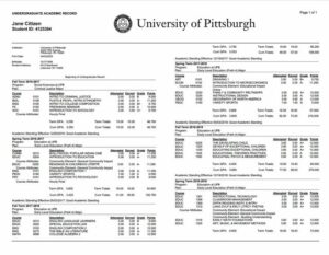 University of Pittsburgh undergraduate academic record Word and PDF template
