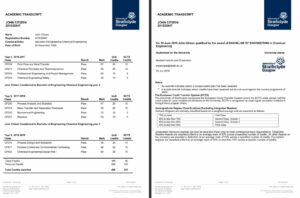 University of Strathclyde Glasgow academic transcript Word and PDF template