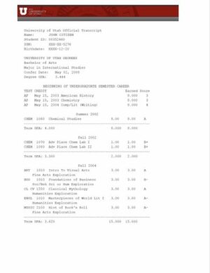 University of Utah official transcript Word and PDF template