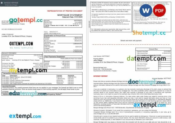 Uruguay Banque Heritage bank mortgage statement in Word and PDF formats, 3 pages