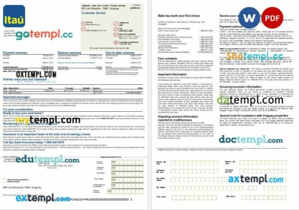 Uruguay Itau bank mortgage statement in Word and PDF formats, 2 pages